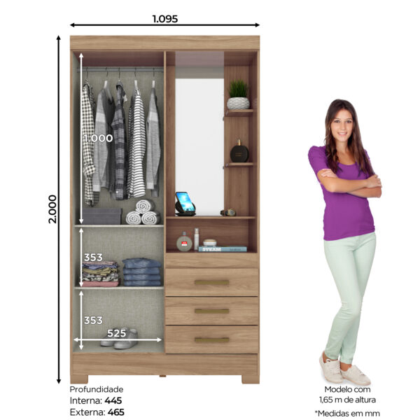 ARMOIRE2P/3T/ BOIS/MIROIR  1095X2000X465