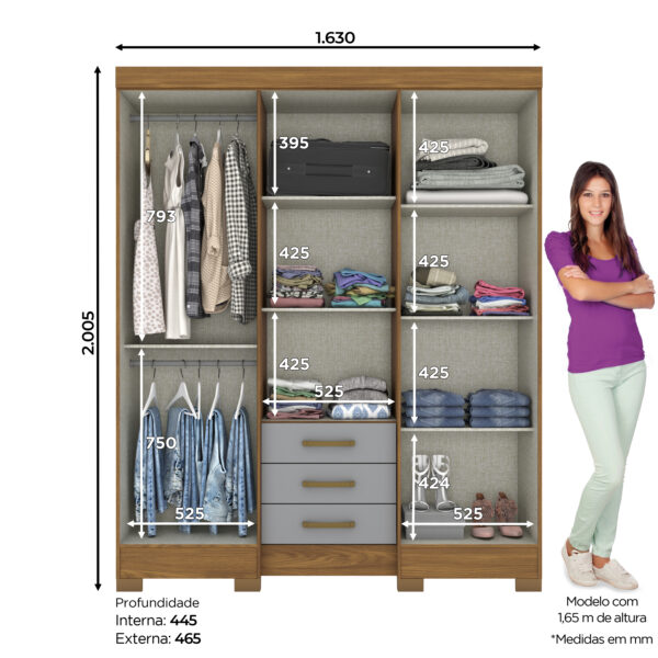 ARMOIRE 6P/3T/MIROIR/ GRIS-BOIS  1630X2005X465 