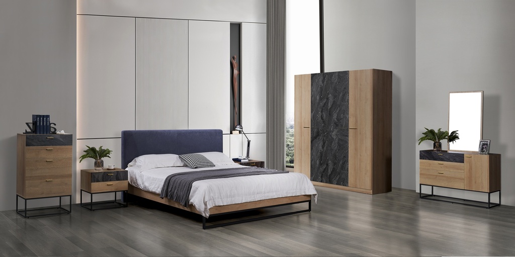 CHAMBRE DZ43 LIT160+1 CHEVET +ARMOIRE 4PORTE +COIFFEUSE  CHENE/GRIS MARBRE