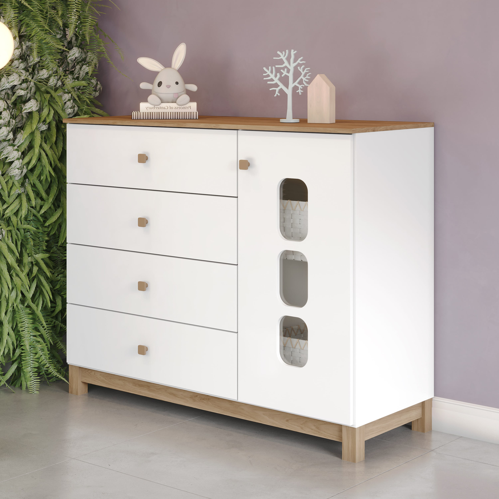 COMMODE DE RANGEMENT 1P/4T  BOIS/BLANC  1265X1030X510 I724-190