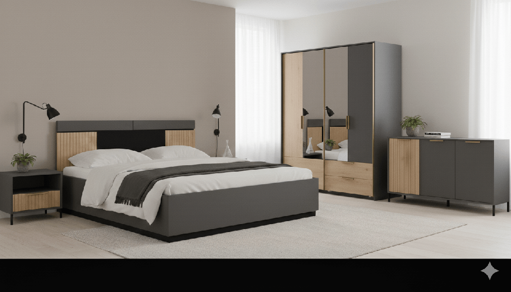 CHAMBRE A COUCHER 1600X200 ASHA LIT+1TDC+BUFFET+ARMOIRE (lit avec coffre)