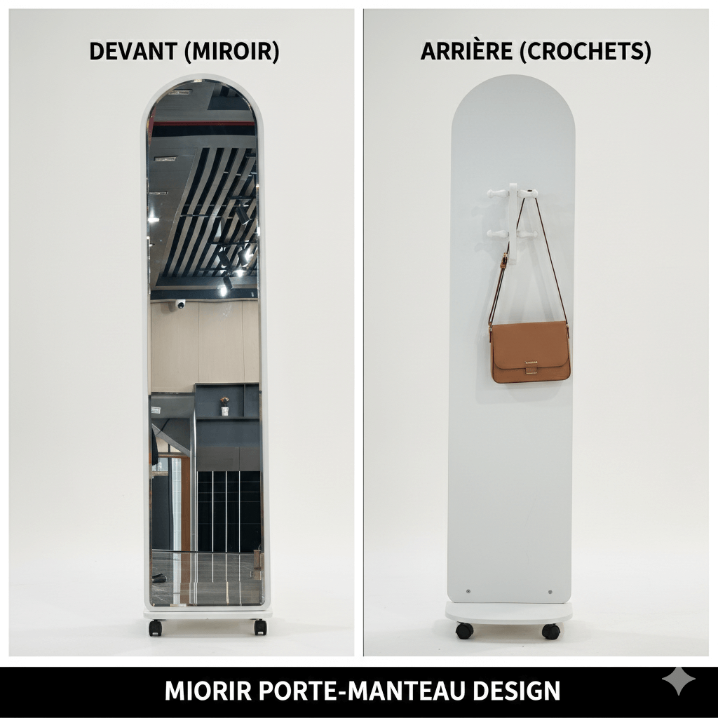 MIROIR SUR PIED  AVEC PORTE MANTEAU BLANC AVEC ROULETTES