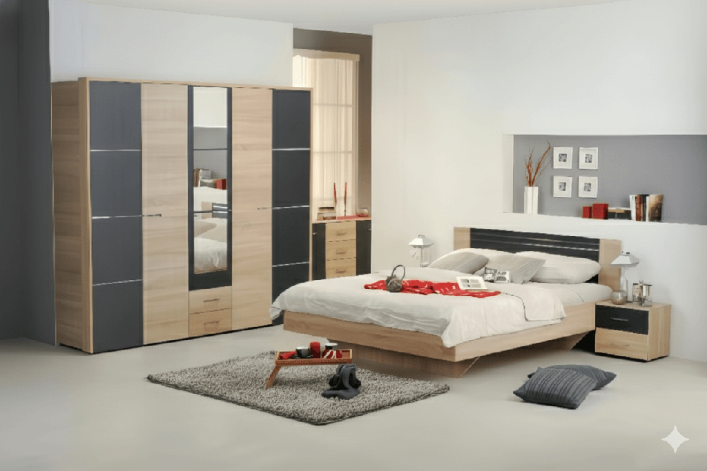 CHAMBRE A COUCHER UL9EU1049 LIT160/2CHEVET/ARMOIRE 5PORTES 