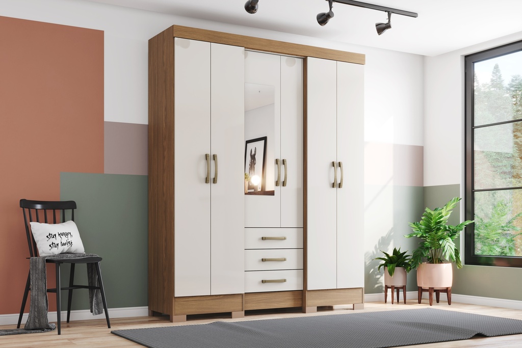 ARMOIRE 6P/3T/MIROIR/ BEIGE-BOIS B23-127 1630X2005X465  