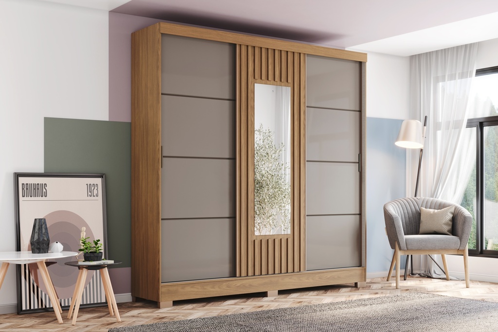 ARMOIRE COULISSANTE  /MIROIR BEIGE MARRON 2000X2150X480  B376-222