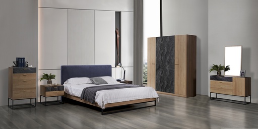 CHAMBRE DZ43 LIT160+1 CHEVET +ARMOIRE 4PORTE +COIFFEUSE  CHENE/GRIS MARBRE