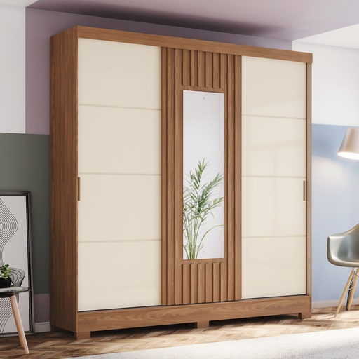 ARMOIRE COULISSANTE  /MIROIR BEIGE BOIS 2000X2150X480  B376-127