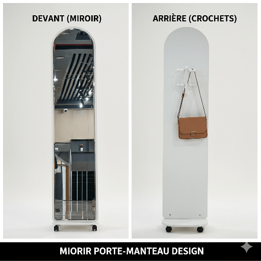 MIROIR SUR PIED  AVEC PORTE MANTEAU BLANC AVEC ROULETTES