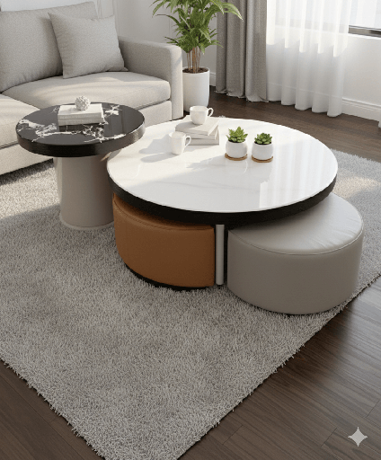 TABLE BASSE/2 800X800   500X500 AVEC 4 TABOURET