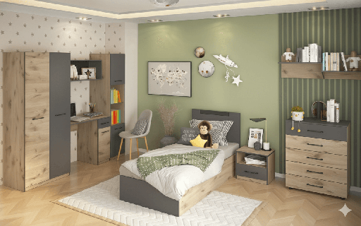 CHAMBRE A COUCHER UL25BE0204 LIT140X200/COMMODE/1CHEVET/ARMOIRE AVEC BUREAU