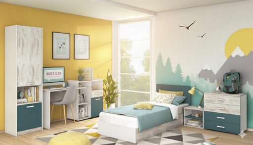 CHAMBRE A COUCHER UL25BE0206 LIT120X200/COMMODE/1CHEVET/ARMOIRE /BUREAU /BIBLIOTHEQUE 