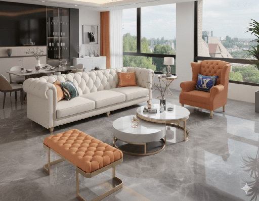 SALON LUXE 3(blanc)+1(orange)+REPOSE PIED  226X920X950 8022B