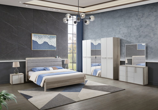 CHAMBRE DZ19A LIT160+2 CHEVET +ARMOIRE 6PORTES  M58/M40 +2ETAGERES  GRIS BLANC