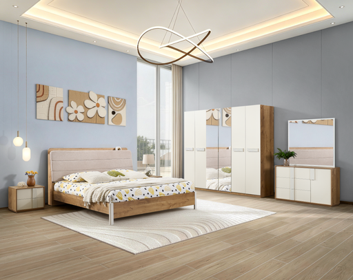 CHAMBRE DZ19B LIT160+2 CHEVET +ARMOIRE 6PORTES  M82/M03 +2ETAGERES BEIGE BLANC